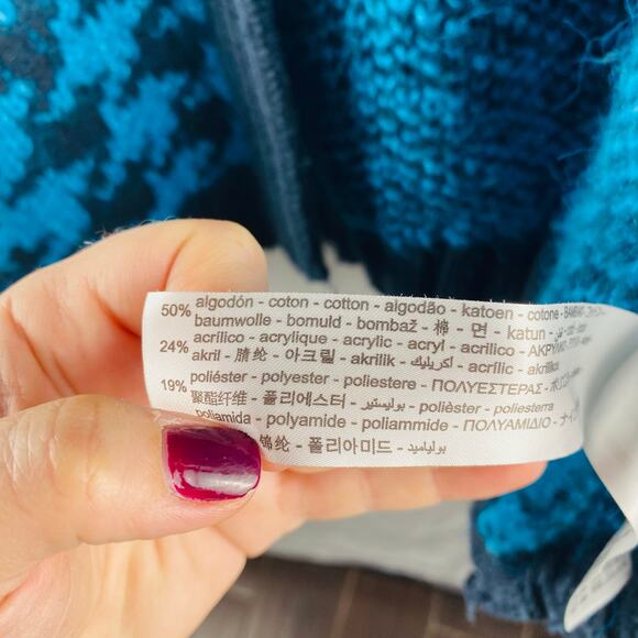 Zara Blue Houndstooth Chunky Blue Black Open Cardigan Size Large Slouchy Preppy - Picture 7 of 9